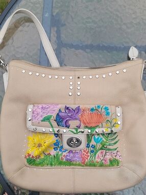 Coach Beige Leather Shoulder Bag with Hand-Painted Floral Panel